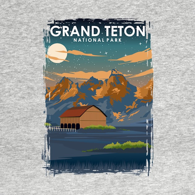 Grand Teton National Park at Night Vintage Minimal Retro Travel Poster by jornvanhezik